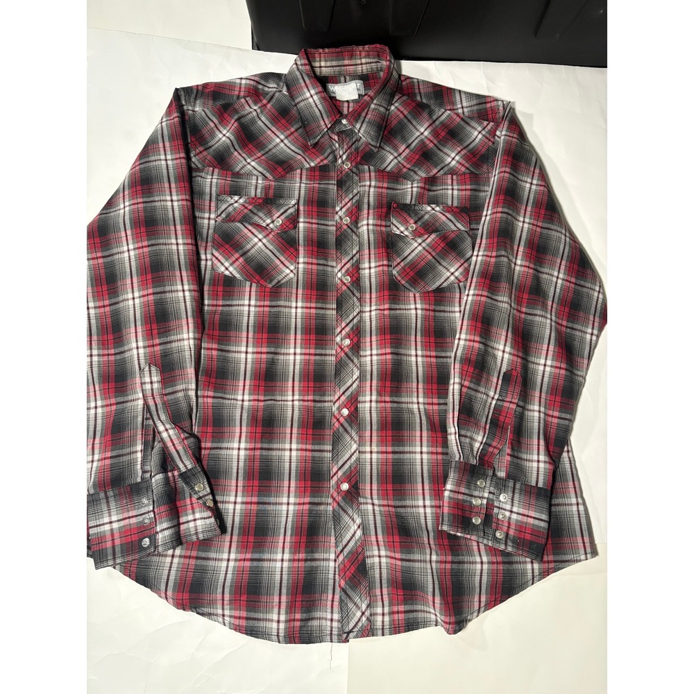 Wrangler Mens Western Pearl‎ Snap Shirt Large Red Plaid Long Sleeve Cowboy